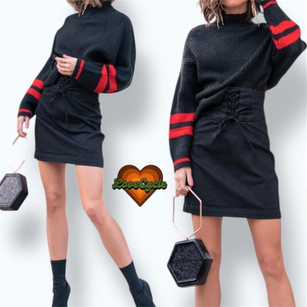 Women's Express Black Mock Neck Sweater with Red Sleeve Stripes – Size XS